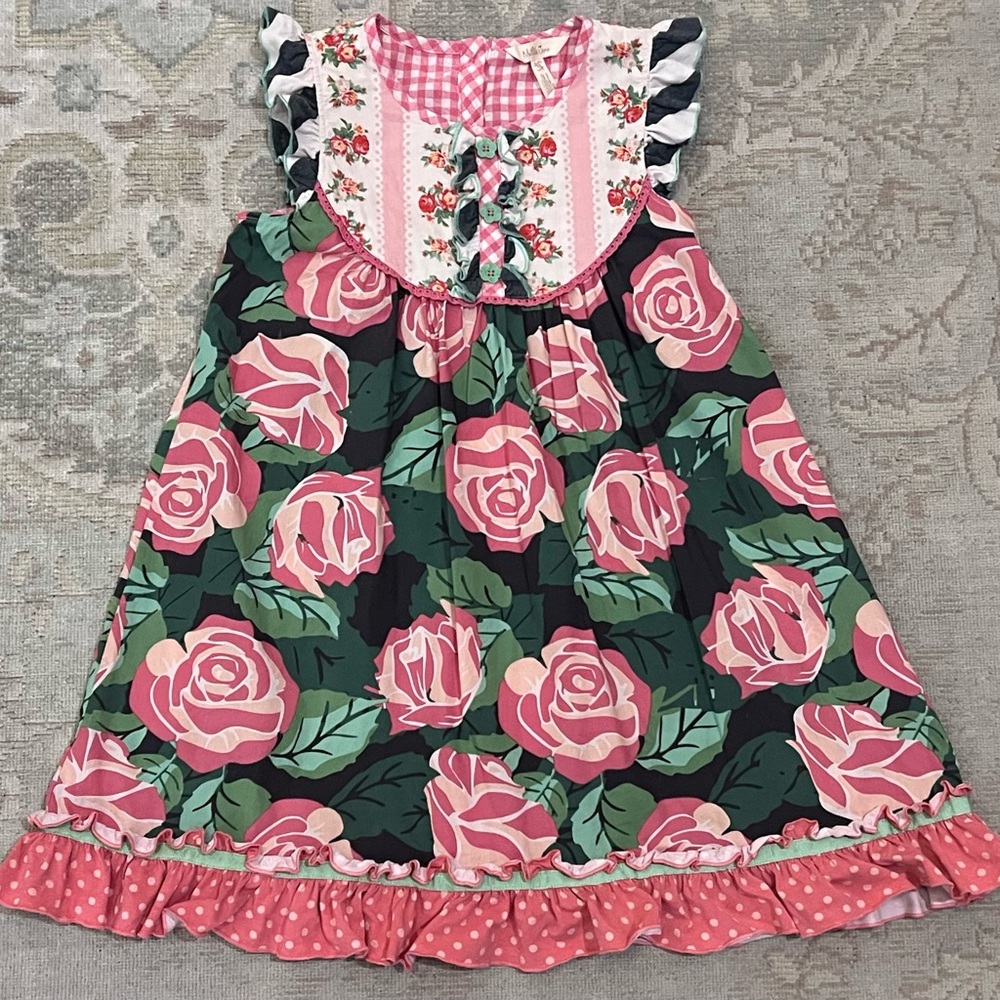 Matilda Jane All Abloom Floral Pink and Green Girls Dress, Kids Size 10, EUC